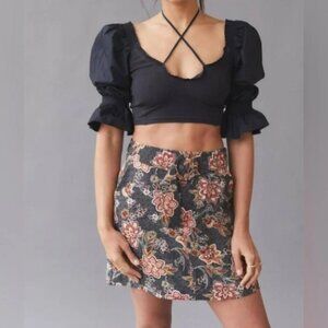 Revolve MINKPINK Mehdya Black Floral Belted A-Line Mini Skirt Sz L NWT